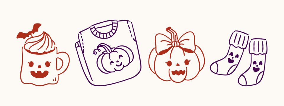 Cozy Halloween doodle element set featuring cute pumpkin sweater ghost mug and funny socks line art vector.