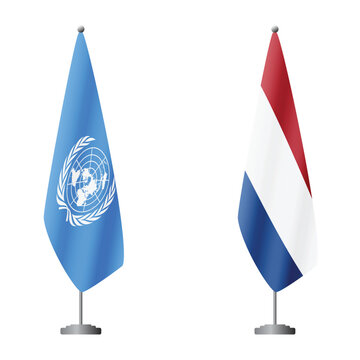 United Nations and Netherlands flags on flagpoles for official ceremonies and meetings, transparent background vector
