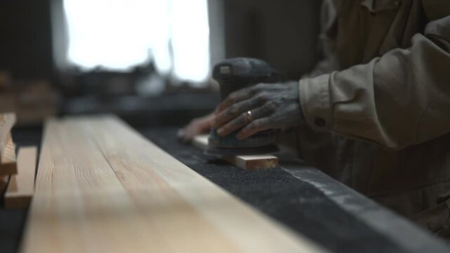 Woodworker sanding pine boards with orbital sander in workshop, low angle view with dust, hands, and bench detail, with sander, woodworker, sanding, hand detail
