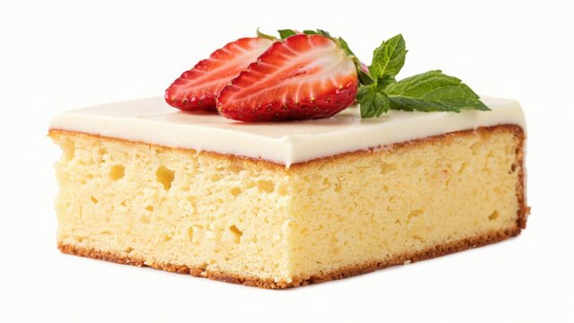 Slice of creamy cheesecake topped with fresh red strawberries and mint