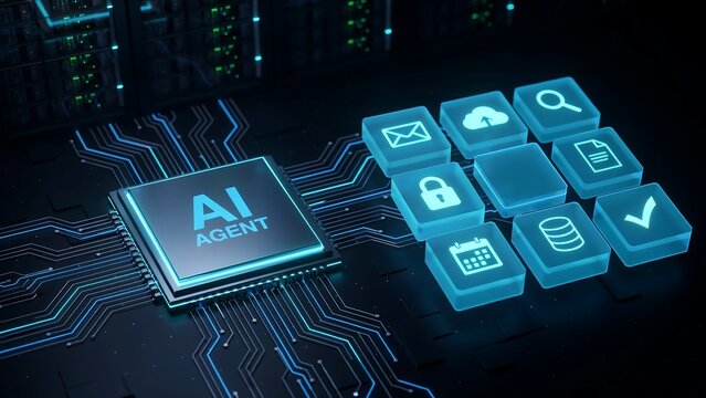 Modern ai agent microchip visualization featuring floating holographic command icons for messaging search security and scheduling on dark motherboard background with glowing pathways.