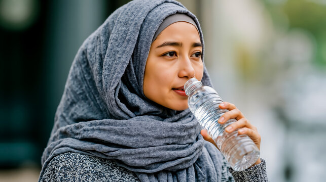 A woman wearing a hijab drinks water from a bottle