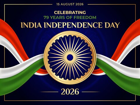 India independence day 2026 poster with ashoka chakra national flag colors saffron white and green wavy fabric on dark background.