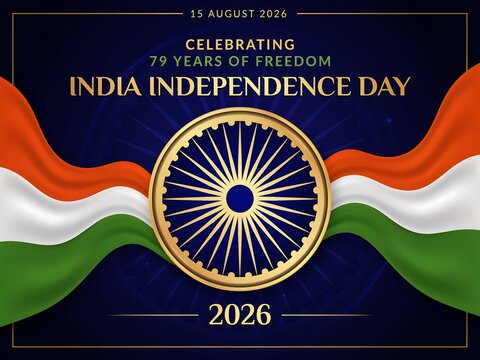 India independence day 2026 poster with ashoka chakra national flag colors saffron white and green wavy fabric on dark background.