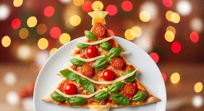 Christmas tree shaped pizza slice decorated with cherry tomatoes and fresh basil leaves on a white plate against a festive bokeh background
