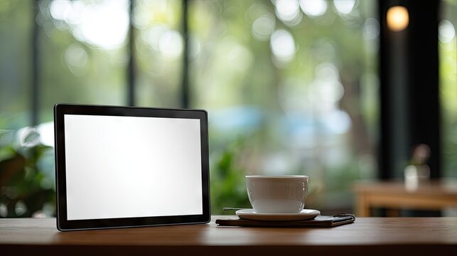 Blank tablet and coffee cup on cafe table.
