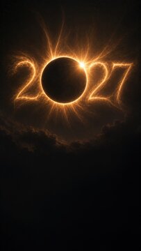 2027 glowing in dark space sky with solar eclipse