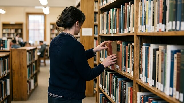 Young woman student taking a book from a wooden shelf in a quiet library for academic research and study