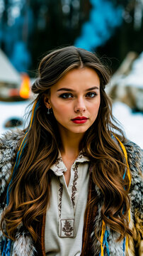 A woman with long brown hair and red lipstick wearing a fur coat and a white shirt with a floral design looking to the side