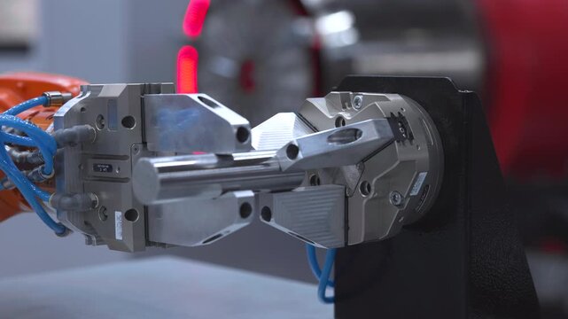 Industrial robot placing metal rod into rotating chuck jaws for precise clamping inside automated machining cell with blue tubing, bolts, bright fixtures, and controlled mechanical alignment