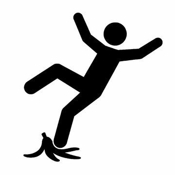Simple Black Person Slipping on Banana Peel Accident Warning Pictogram
