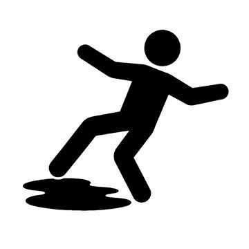Simple Black Sideways Slip Hazard Pictogram with Wet Puddle Isolated on White Background
