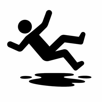 Dramatic Black Person Falling Above Slippery Puddle Warning Pictogram Isolated on White