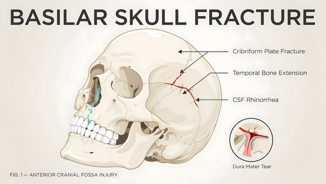 Medical illustration of a basilar skull fracture with anatomy labels