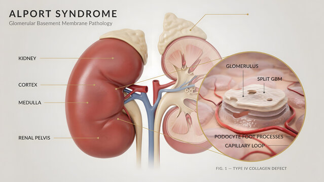 Anatomical medical illustration of human kidneys with glomerular pathology