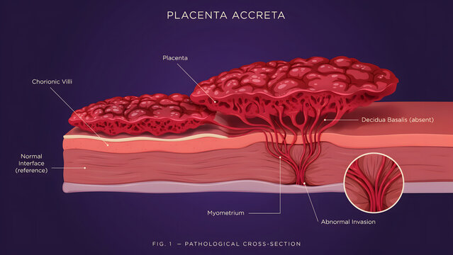 Medical illustration showing the pathology of placenta accreta in pregnancy