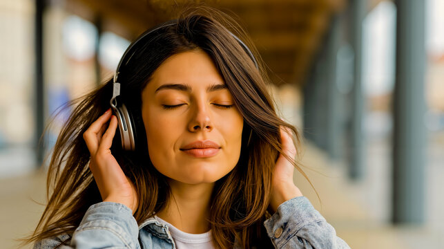 A woman with her eyes closed wearing headphones and a denim jacket