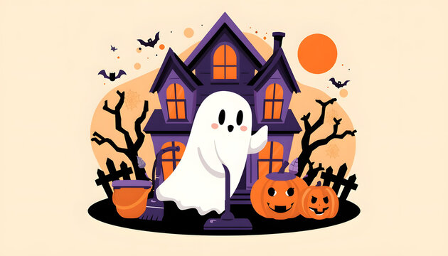 playful halloween cleaning service vector illustration with friendly ghost vacuuming near haunted house pumpkins and broom