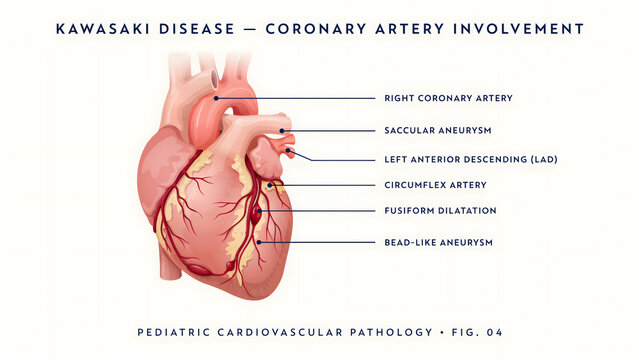 Medical illustration showing coronary artery involvement in Kawasaki disease