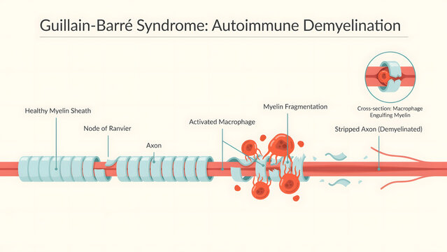 Medical illustration showing the process of autoimmune demyelination in a nerve