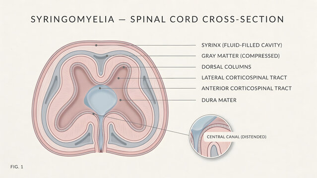 Medical illustration of spinal cord cross section showing syringomyelia
