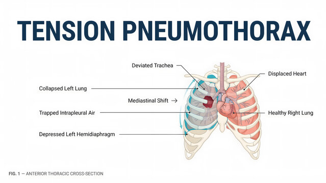 Medical illustration of a tension pneumothorax with anatomical labels