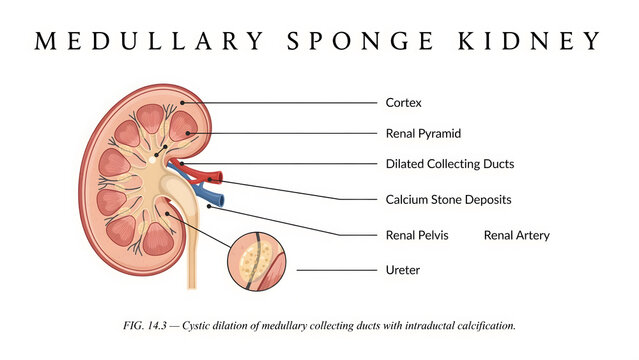 Medical illustration of a human kidney with medullary sponge kidney disease