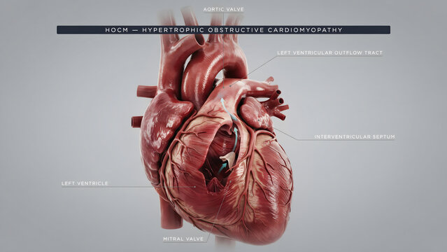 Anatomical medical illustration of a human heart with hypertrophic cardiomyopathy