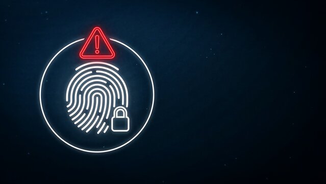 Cybersecurity and digital identification concept featuring glowing biometric fingerprint icon combined with warning sign and secure lock symbol on dark blue abstract textured background.