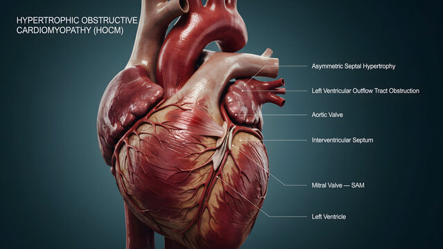 Anatomical 3D model of a human heart showing hypertrophic cardiomyopathy