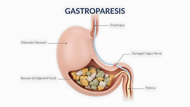 Medical illustration showing human stomach with gastroparesis and food
