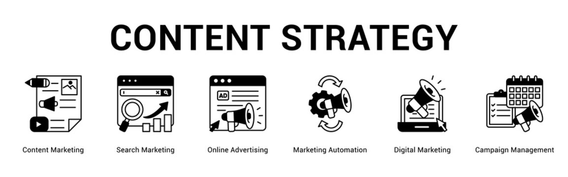 Content Strategy web banner icon concept,  with Content Marketing, Search Marketing, Online Advertising, Marketing Automation, Digital Marketing, Campaig.