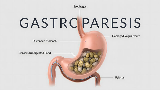 Medical illustration of gastroparesis with damaged vagus nerve and stomach