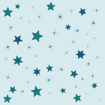 Teal and dark blue stars and starburst shapes on a light pale blue background pattern