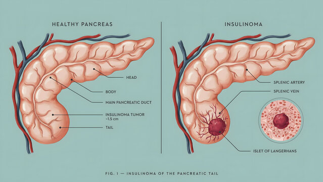 Medical illustration comparing a healthy pancreas and one with an insulinoma
