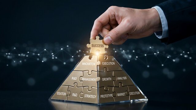 Male hand placing golden success puzzle piece atop structured business pyramid featuring innovation execution and strategy blocks against network background with bokeh lighting effects.