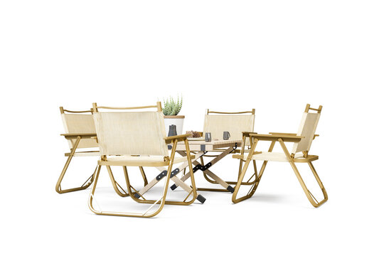 Portable camping table and beige folding chairs set isolated on white background.