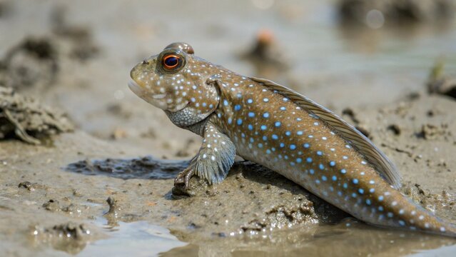 Blue spotted mudskipper or amphibious fish (Periophthalmodon schlosseri) defend their patch of mud and microbes with a display banner-like fins and rounds of jousting at Parit Java, Muar, Malaysia
