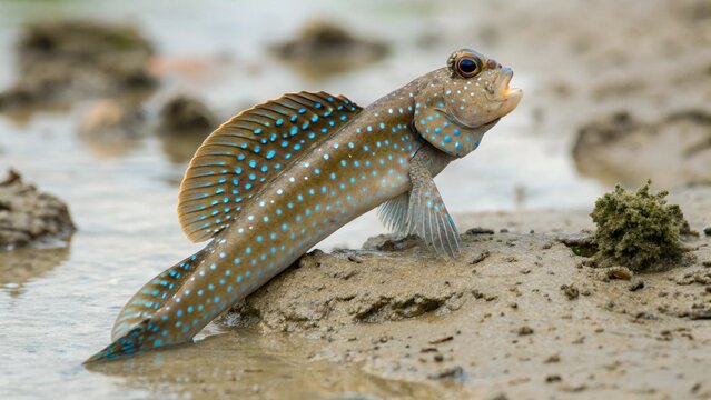 Blue spotted mudskipper or amphibious fish (Periophthalmodon schlosseri) defend their patch of mud and microbes with a display banner-like fins and rounds of jousting at Parit Java, Muar, Malaysia
