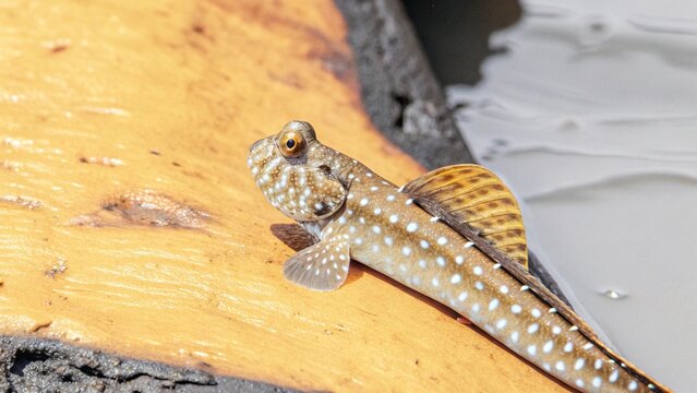 Blue spotted mudskipper or amphibious fish (Periophthalmodon schlosseri) defend their patch of mud and microbes with a display banner-like fins and rounds of jousting at Parit Java, Muar, Malaysia
