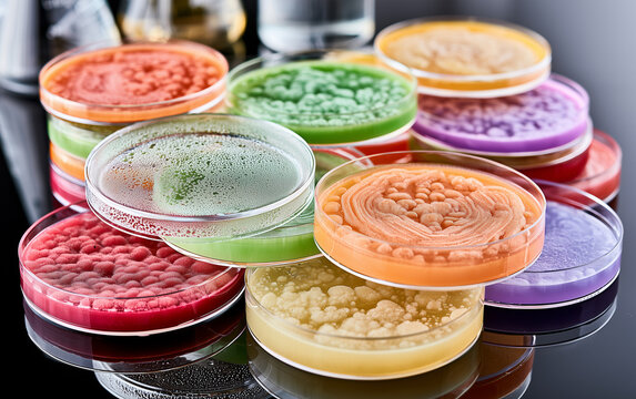 Petri dishes hold colorful bacterial and fungal growth in a science lab. Microorganisms cultured on agar media display diverse patterns and textures for research