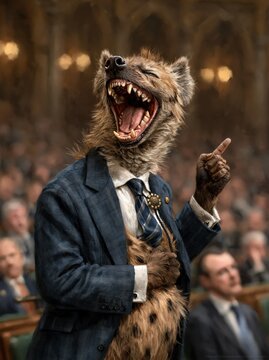 Laughing hyena politician pointing in assembly hall