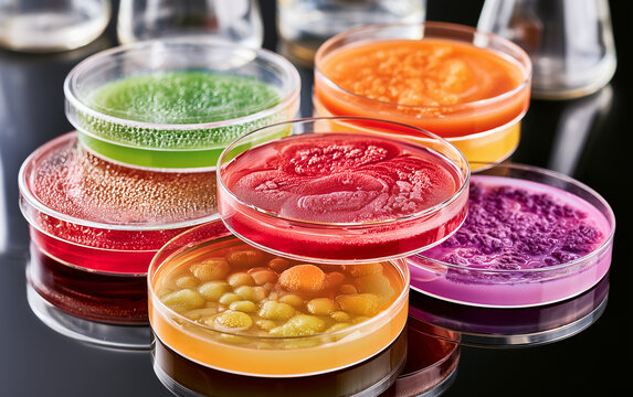 Petri dishes hold colorful bacterial and fungal growth in a science lab. Microorganisms cultured on agar media display diverse patterns and textures for research