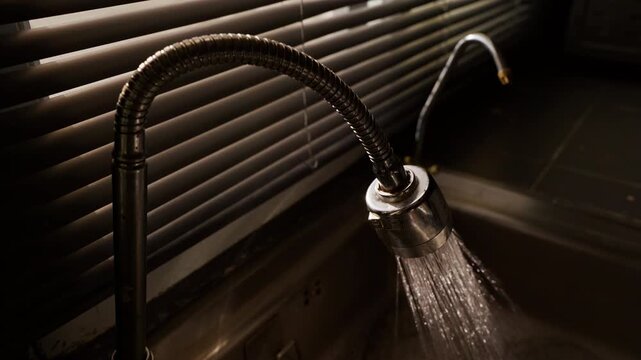 Close View of Flexible Kitchen Faucet Pouring Water into Metal Sink in Slow Motion, Plumbing Fixture and Household Water Usage