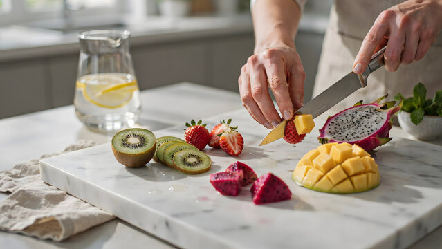 Person slicing tropical fruit on a marble cutting board in kitchen