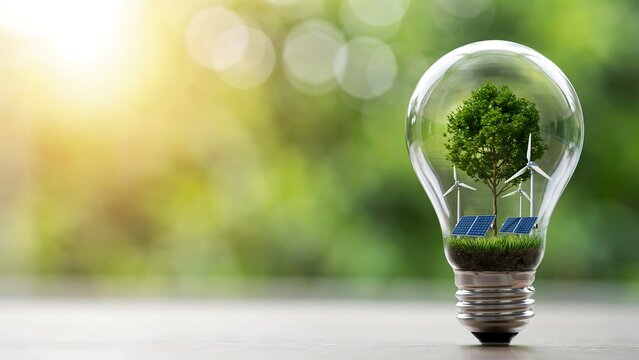 Eco Light Bulb with Green Tree on Grass Symbolizing Renewable Energy Environmental Innovation and Sustainable Technology Concept