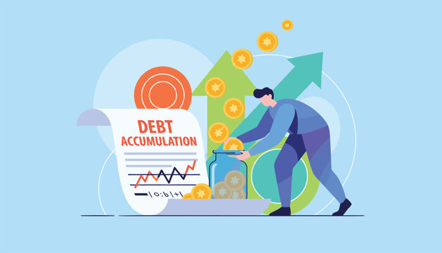 Man putting shiny golden coins into glass jar labeled debt accumulation with upward rising financial arrows on background.