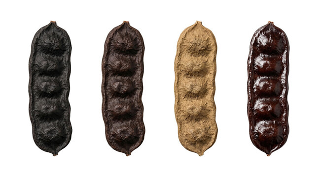 Four different stages of ripe and dried parkia speciosa petai bean pods high quality 4K PNG image in white background
