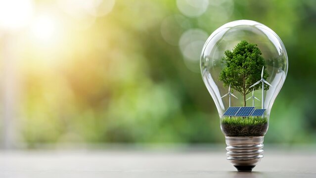 Eco Light Bulb with Green Tree on Grass Symbolizing Renewable Energy Environmental Innovation and Sustainable Technology Concept