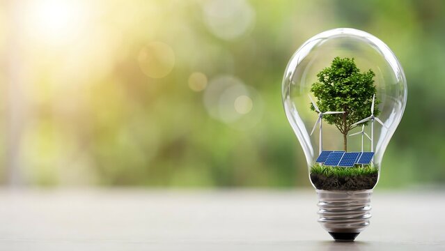 Eco Light Bulb with Green Tree on Grass Symbolizing Renewable Energy Environmental Innovation and Sustainable Technology Concept